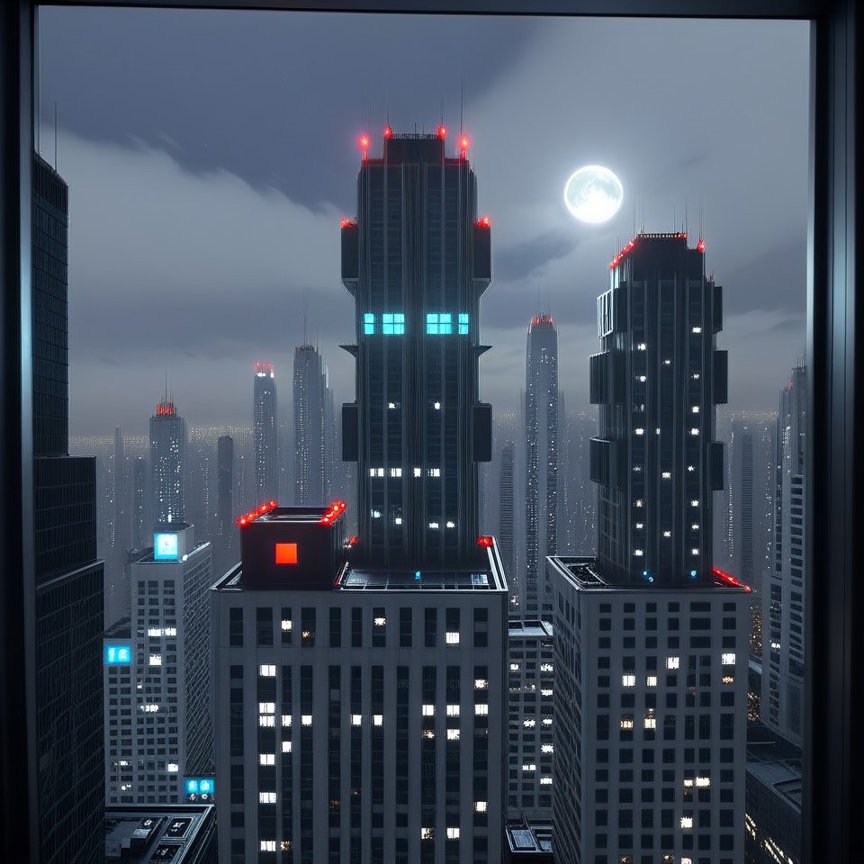 Night, view around window of upper floor skyscraper. dark gray sky and a light gray sky illuminated by a bright white-blue moon, above two skyscrapers a red diode warning aircraft,
light bluish gray-light skyscrapers sometimes with a light greenish tint with frequent square windows, on earth a group of golden square-shaped ornaments on black ground surrounded by gray lines and ornaments with rectangular lines far focus, twinkling windows and stars, brilliant coloring, crispy quality, vray; Pixar, ; HD, HDR, SF, CGSociety, 16k, photorealistic, unreal engine