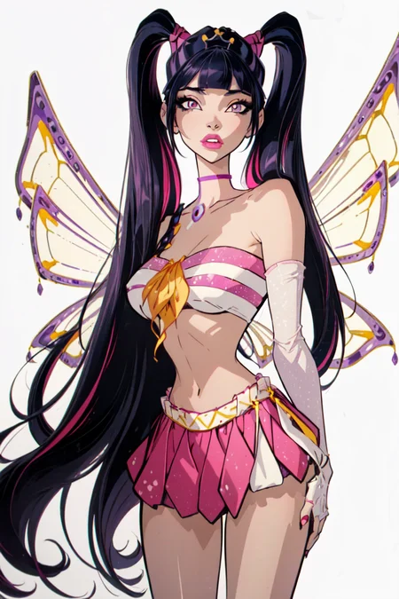 (Musa:1.5), (large fairy wings), purple hair, twintails, (pink and yellow two piece outfit), purple eyes, bangs, (solid white background, white background:1.5), (realistic:1.2), (masterpiece:1.2), (full-body-shot:1),(Cowboy-shot:1.2), neon lighting, dark romantic lighting, (highly detailed:1.2),(detailed face:1.2), (gradients), colorful, detailed eyes, (natural lighting:1.2), solo <lora:WinxClubEnchantixMusa-10:0.9> <lora:add_detail:0.3> <lora:BeautifulEyes:0.6>