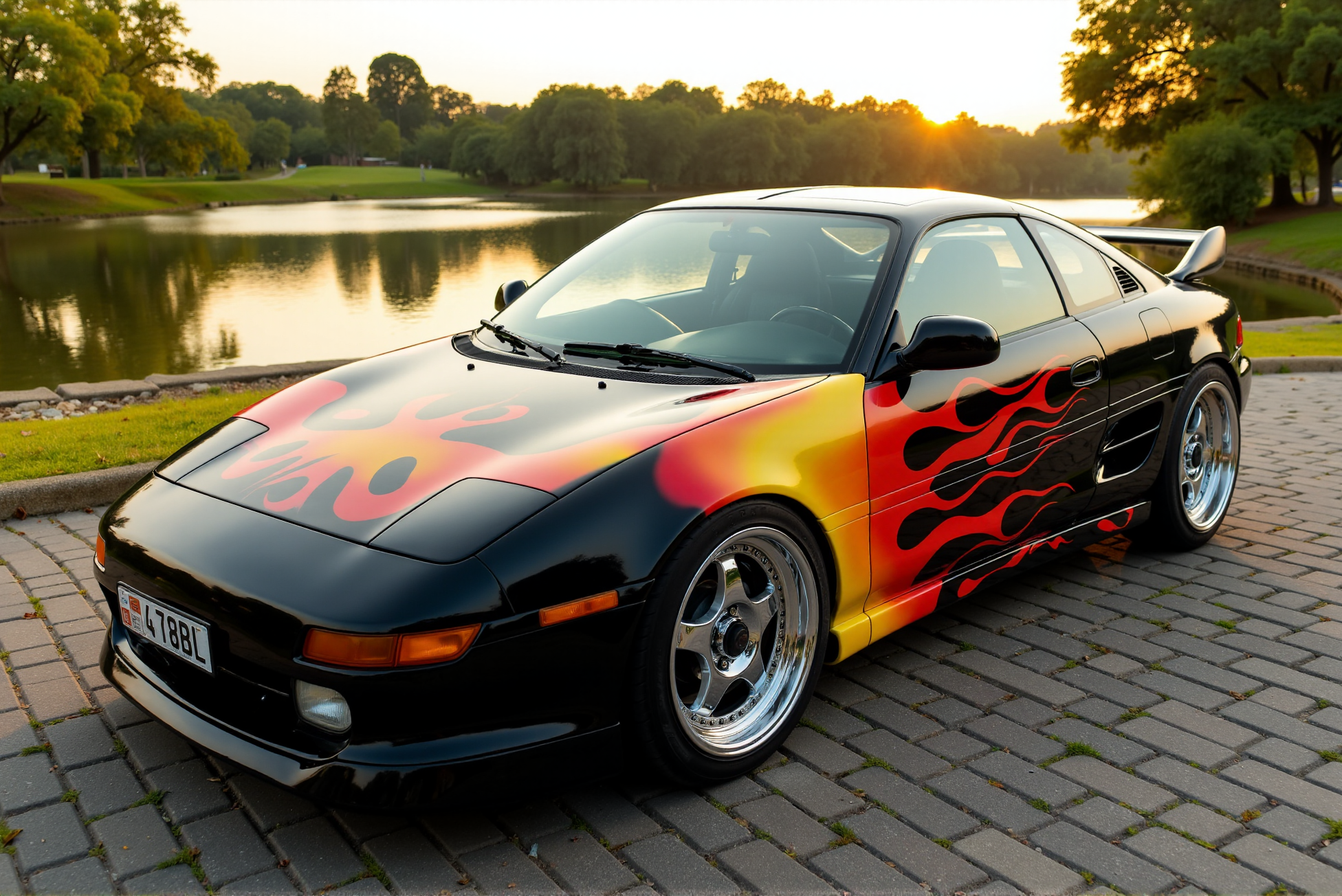 <lora:Toyota_MR2_SW20:0.8> 
Toyota MR2 (SW20) from the 1990s, reimagined with an aggressive custom flame livery transitioning from molten gold at the front to crimson red and then deep obsidian black across the rear panels, the paint job featuring high-gloss airbrushed flames that lick upward across the hood and side panels with hyper-realistic shading and reflection details. The car sits low on polished chrome deep-dish wheels wrapped in raised white-letter performance tires, reflecting late-evening sunlight with mirror-like clarity. Hood vents and side intakes are emphasized with matte black accents, while the sculpted body panels catch subtle gradients of sunset light, enhancing the aerodynamic silhouette. Shot in a three-quarter front Dutch angle on a cobblestone driveway beside a lakeside park, the composition merges photorealistic automotive rendering with hyper-saturated triadic color contrast and high-dynamic-range reflections. Surfaces glisten under soft golden hour illumination, with high-detail reflections in the glossy paint capturing surrounding trees, water, and sky, blending realism with stylized car culture aesthetics.