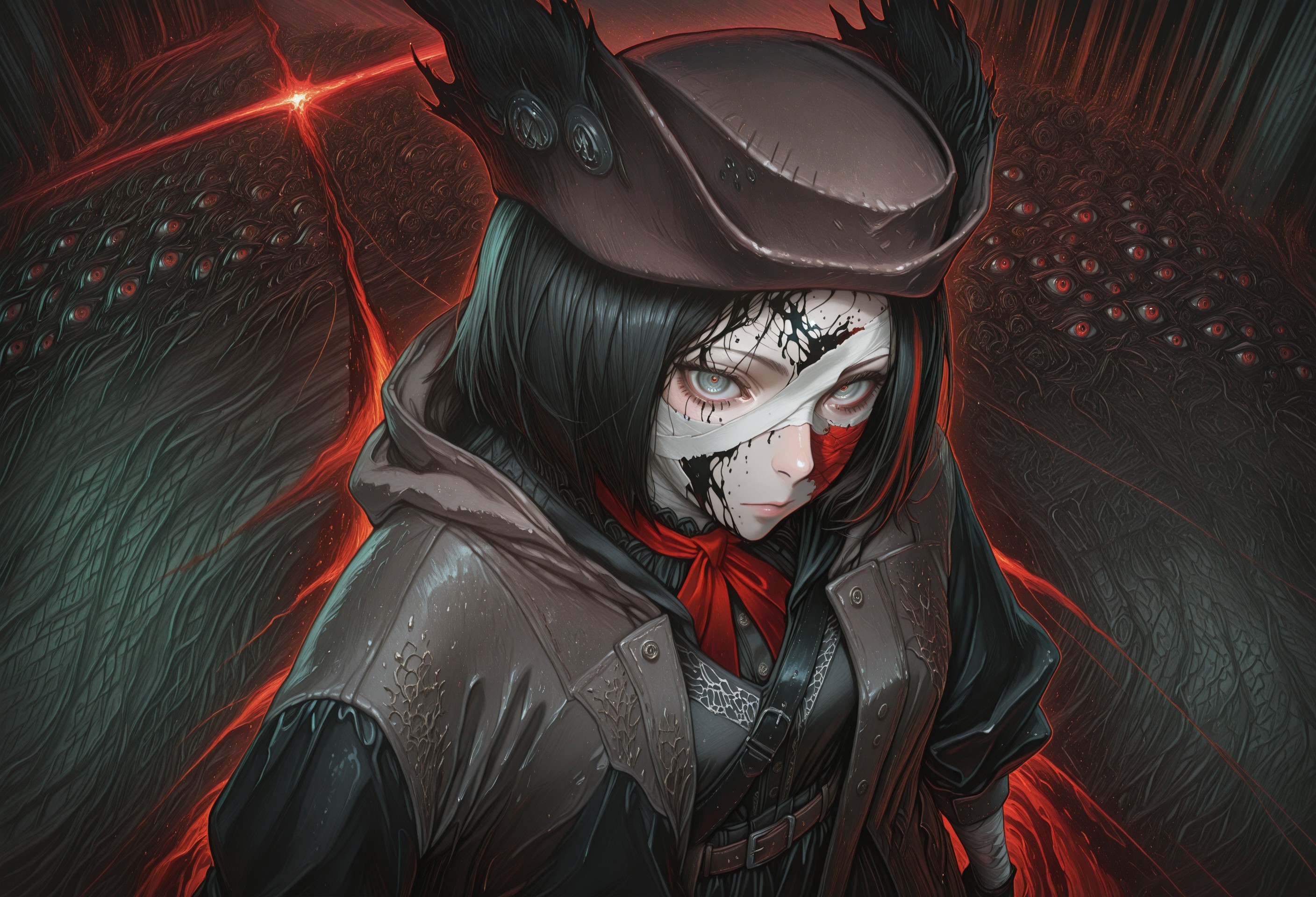 1rregular_b0, hyperdetailed_bg, (realistic_bg:1.2, su22eal_bg:1.2), (full_bg:1.4), (bloodborne, victorian architecture, gothic, black background, red outline, too many eyes, black liquid, bloody pile), (detailed background), 

(1girl, solo, expressionless blood trails, bandage wrapped face, loose bandage, partial monterification. half human, half monster, glance at viewer, eyes half open, tired), (black outfit, belts, hunter hat, hunter garb, oversized jackets, baggy sleeves, belts, straps), ((great anatomy, correct anatomy, akariL, wide forehead, black hair, short hair, red_streaked_hair, greenish_grey_pupils, red_iris)),

(from above, three quarter view, close up, (rule of thirds:1.25)),

((best quality, absurdres, amazing quality, HD, intricate, ultra-detailed, newest, visual impact, very aesthetic, high contrast)), 4K, detailed facial features, detailed clothing features, detailed texture