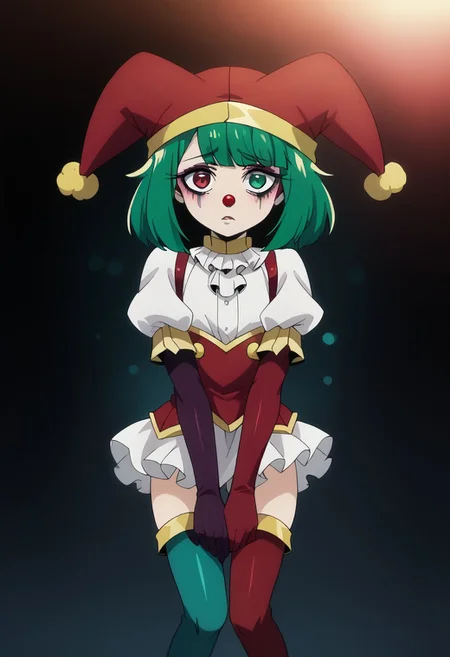 score_9, score_8_up, score_7_up, score_6_up, 1girl, bokeh, Heterochromia, red eye, green eye, c1rcus, clown, red and green hair, multicolored hair, thigh highs, gloves, gothic makeup, striped, jester cap, c1rcusstyl3, gomg-style