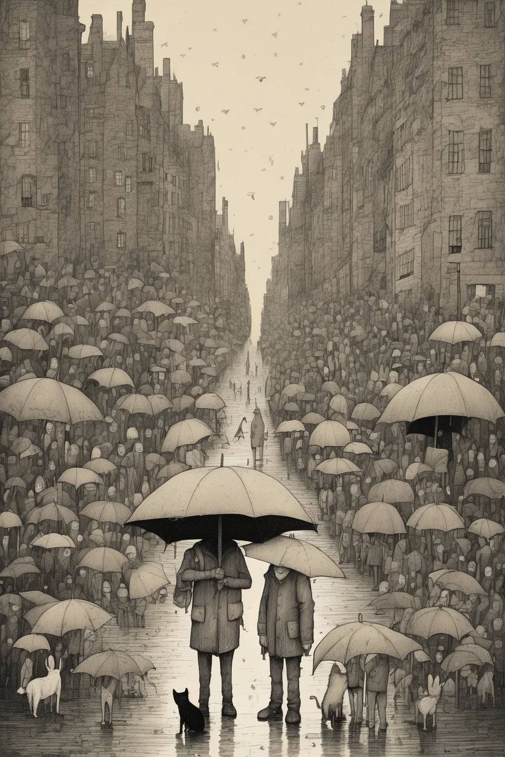 John Kenn Mortensen Style - une foule de personnes avec des parapluie Style Jon Klassen