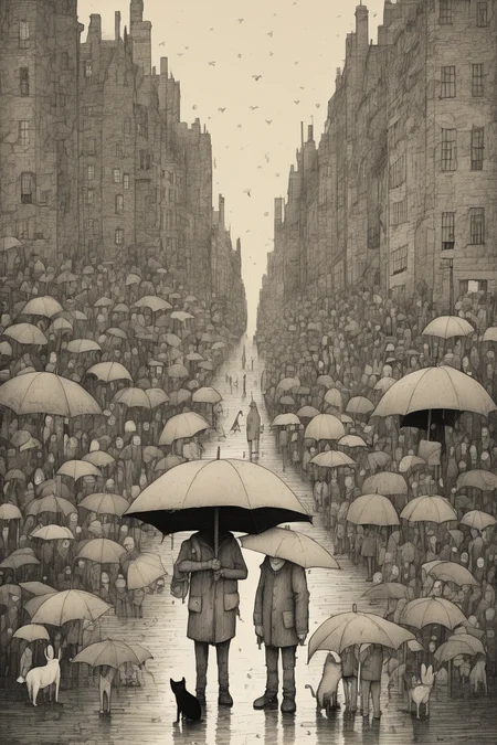 John Kenn Mortensen Style - une foule de personnes avec des parapluie Style Jon Klassen