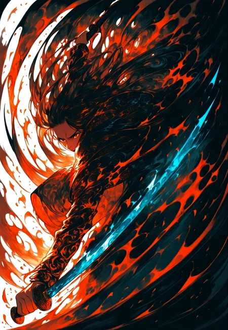 (masterpiece: 1.2), (best quality: 1.2), very aesthetic, 4k, (InkPunk: 1.2), dynamic pose, vivid color, deep colors,dramatic lighting, intricate details, thick contours, volumetric shadows, Expressiveh,1 girl, solo, Holding a sword,rage, calling ,motherland mother
