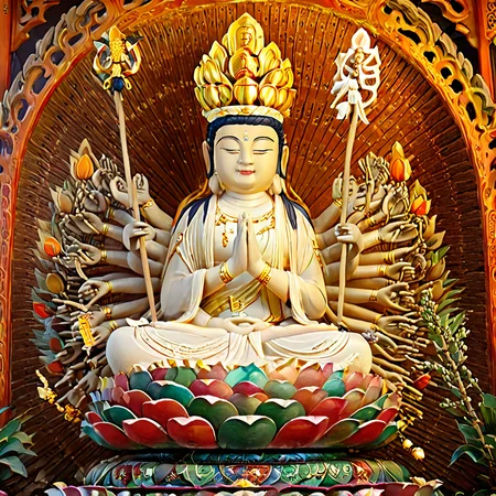 (a statue of a female buddha in vestment),standing,sitting cross-legged,Holding an ancient wooden bottle,Holding precious pearl and willow branch,wish-fulfilling gem,full body:1.2,half upper body,Magical and Unique Lotus,hand by Guido Daniel,<lora:Guanyin2:1>,, Huge and wonderful lotus, majestic hall, colorful light, stained glass windows, meditation mats, worship mats, flowers, offerings, offering tables, ancient frescoes, dragon pillars, ancient carvings, huge walls carved in the shape of dragons