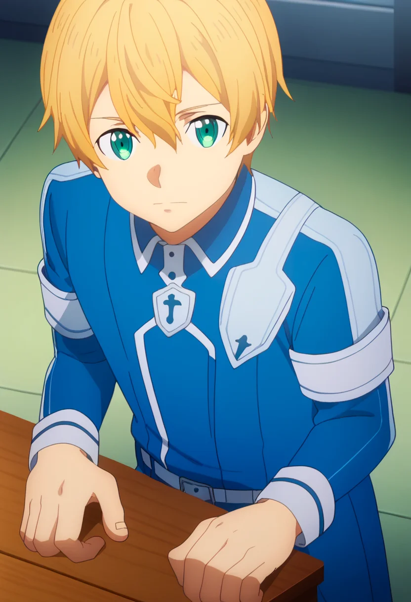 score_9, <lora:eugeo:1> eugeo, 1boy, bangs, blue shirt, blue uniform, blonde hair, blue eyes, closed mouth, eugeo, green eyes, long sleeves, looking at viewer, male focus, blue pants, solo