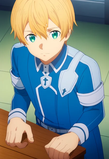 score_9, <lora:eugeo:1> eugeo, 1boy, bangs, blue shirt, blue uniform, blonde hair, blue eyes, closed mouth, eugeo, green eyes, long sleeves, looking at viewer, male focus, blue pants, solo
