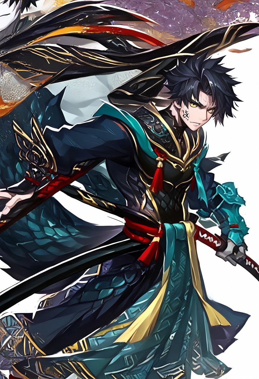 Pale skin, human in a kimono, samurai, seathed katana, golden eyes, black hair, 1boy, tattoos, full-body in frame, colorful scales,