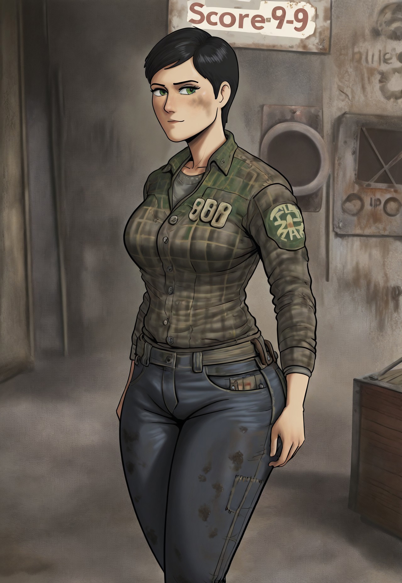 ((extra thicc thighs)) one girl, solo, alone, black hair, green eyes, ,curie, fallout, flannel shirt, jeans, dirty worn-out clothes, grey undershirt,