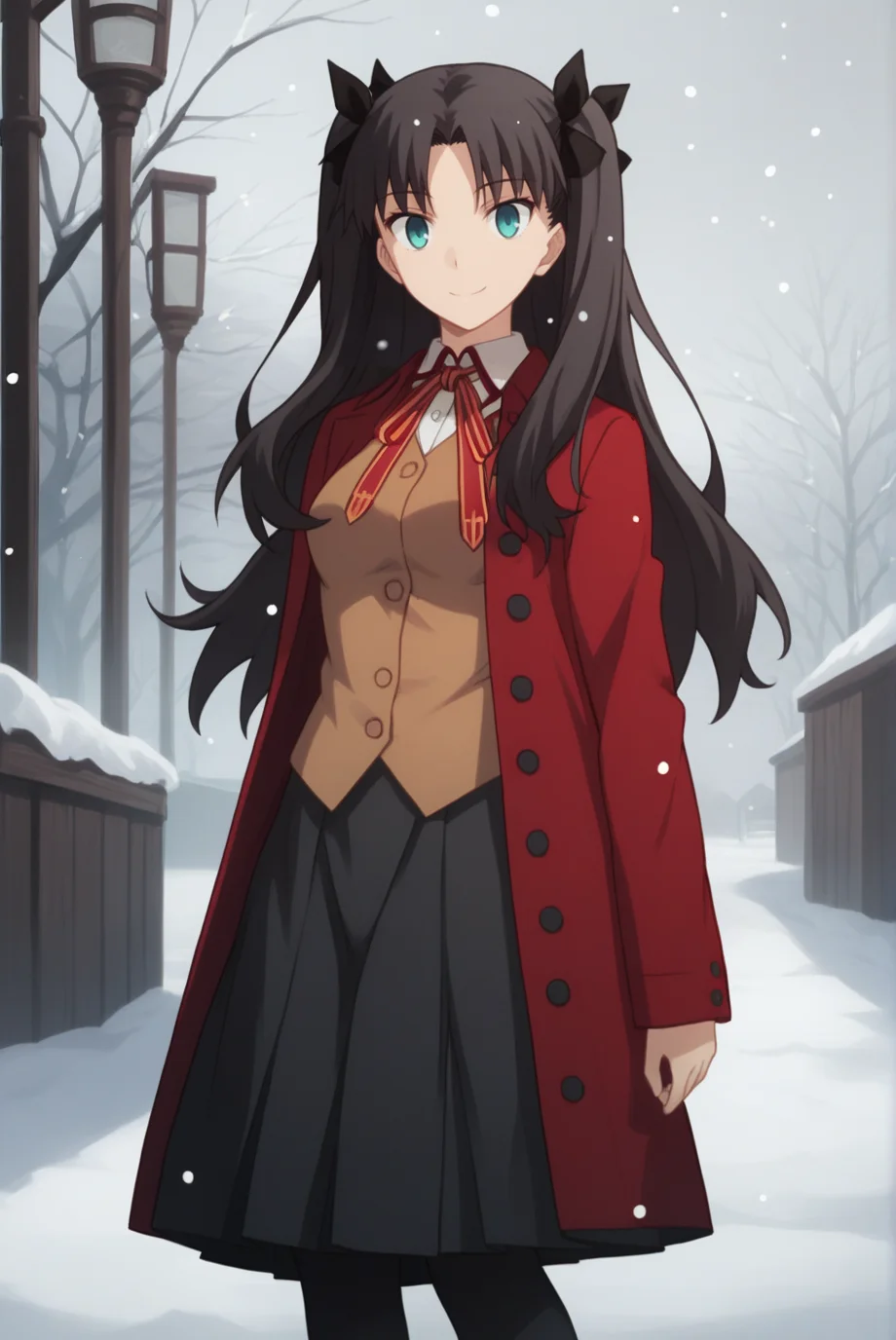 score_9, score_8_up, score_7_up, score_6_up, score_5_up, score_4_up, BREAK source_anime, 1girl,
<lora:TohsakaRinXL-v1-04:0.7>, ChopioTohsakaRin, black hair, long hair, two side up, parted bangs, hair ribbon, aqua eyes, looking at viewer,
(thick thighs:0.7), medium breasts,
outfit_1, red coat, buttons, collared shirt, neck ribbon, brown vest, black skirt, long skirt, pleated skirt, black pantyhose,
outdoors, snowing, snow, smile,