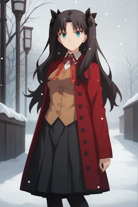 score_9, score_8_up, score_7_up, score_6_up, score_5_up, score_4_up, BREAK source_anime, 1girl,
<lora:TohsakaRinXL-v1-04:0.7>, ChopioTohsakaRin, black hair, long hair, two side up, parted bangs, hair ribbon, aqua eyes, looking at viewer,
(thick thighs:0.7), medium breasts,
outfit_1, red coat, buttons, collared shirt, neck ribbon, brown vest, black skirt, long skirt, pleated skirt, black pantyhose,
outdoors, snowing, snow, smile,