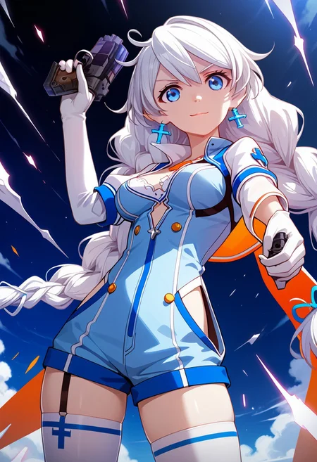 score_9,score_8_up,score_7_up,source_anime,Kiana Kaslana,1girl,solo,breasts,looking at viewer,smile,long sleeves,hair ornament,gloves,dress,thighhighs,holding,closed mouth,medium breasts,braid,weapon,elbow gloves,white gloves,holding weapon,twin braids,gun,cross,holding gun,handgun,dual wielding,aiming,short jumpsuit,