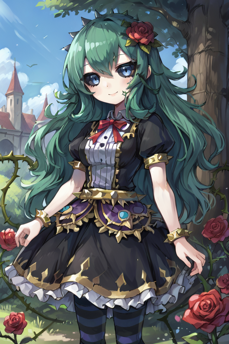 score_9, score_8_up, score_7_up, source anime, BREAK, <lora:Tora:0.80> , tordef, 1girl, solo, long hair, green hair, black sclera, blue eyes, flower, hair flower, hair ornament, center frills, black dress, frilled dress, gold trim, neck ribbon, red ribbon, juliet sleeves, yellow armlet, spiked armlet, yellow belt, striped thighhighs, horizontal-striped thighhighs, plant, rose, thorns, vines, (cowboy shot), looking at viewer, scenery, exterior, outdoors,  <lora:backgroundsetXL:0.2> , background, (solo), smile,   <lora:Eridoll:0.7> , ketopon