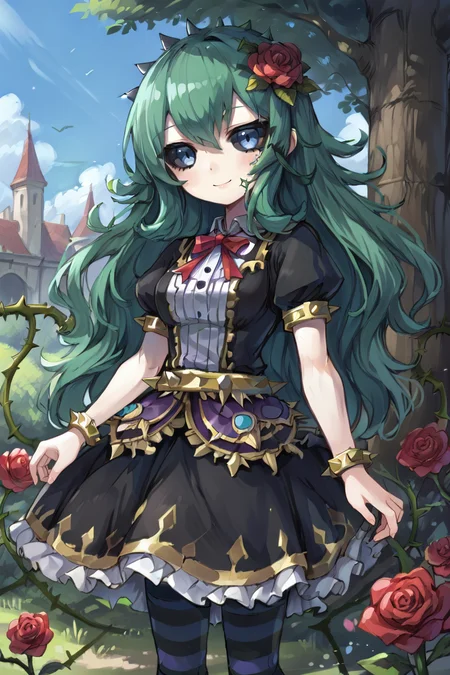 score_9, score_8_up, score_7_up, source anime, BREAK, <lora:Tora:0.80> , tordef, 1girl, solo, long hair, green hair, black sclera, blue eyes, flower, hair flower, hair ornament, center frills, black dress, frilled dress, gold trim, neck ribbon, red ribbon, juliet sleeves, yellow armlet, spiked armlet, yellow belt, striped thighhighs, horizontal-striped thighhighs, plant, rose, thorns, vines, (cowboy shot), looking at viewer, scenery, exterior, outdoors, <lora:backgroundsetXL:0.2> , background, (solo), smile, <lora:Eridoll:0.7> , ketopon