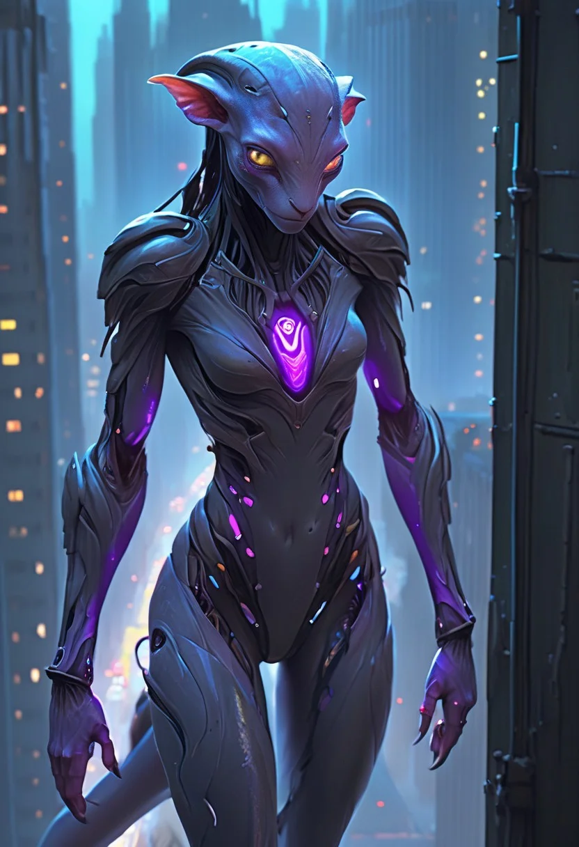 score_9, score_8_up, score_9_up, SilverPulse, Fantasy Creature, portrait, close to the face, alien girl, feminime, female, 1girl, four arms, Avatar navi alien with purple skin, tail, big eyes, medium breast, dark grey poncho, running on the top of train, yellow train, cyberpunk city, night, neon light, rainy