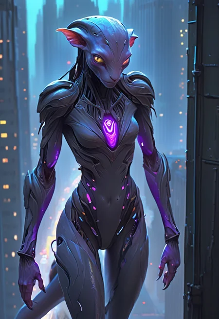 score_9, score_8_up, score_9_up, SilverPulse, Fantasy Creature, portrait, close to the face, alien girl, feminime, female, 1girl, four arms, Avatar navi alien with purple skin, tail, big eyes, medium breast, dark grey poncho, running on the top of train, yellow train, cyberpunk city, night, neon light, rainy