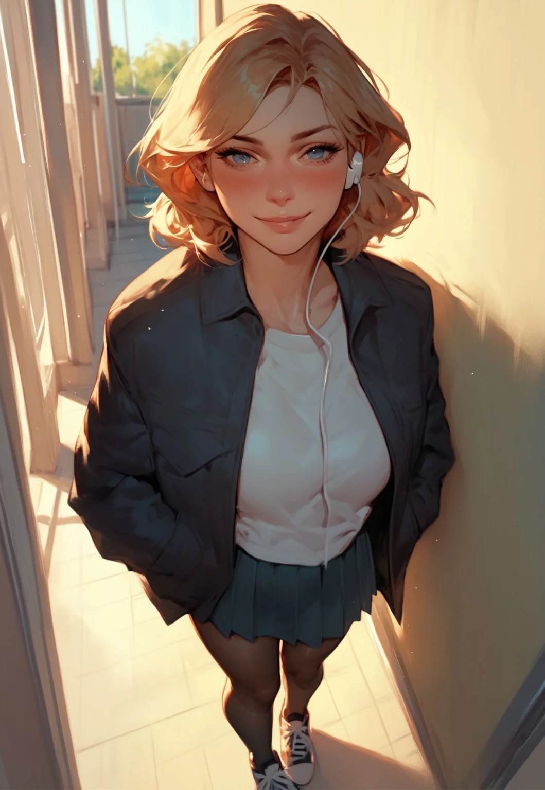 (score_9, score_8_up, score_7_up, score_6_up), dynamic angle, beautiful, source_anime, (anime style:1.1), 1girl, in school, school uniform, cute girl, depth of field, breasts, rounded breast, hood jacket, miniskirt, smirk, blushing, sunlight, earphones , pantyhose, thighs, sneakers, hands in jacket pockets, skirt, 