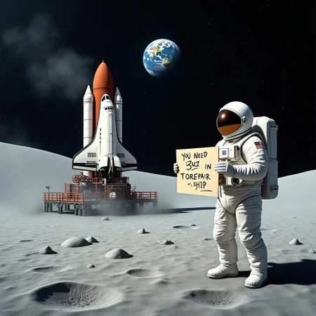astronaut in white suit and helmet standing next to damaged space shuttle with smoke coming out, astronaut on moon, earth in background, emptiness in space, astronaut with a sign in his hands that says "I need Buzz to repair my ship", astronaut and rocket on moon, panoramic view, stars in sky, black sky, craters on ground, astronaut alone, full body, realistic,giant and visible poster