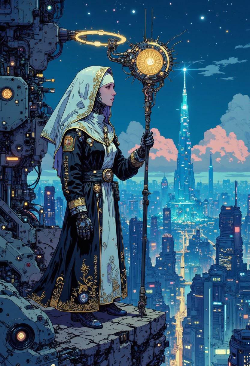 in the style of cksc, studio anime art, detailed ink sketch, high quality digital illustration. A cybernetic nun stands vigil at the edge of a glowing crystalline cliff overlooking a sprawling digital abyss. Her glowing habit, intricately designed with shimmering silver and gold circuits, billows softly in an artificial breeze generated by the towering servers beneath. Her right arm, fully mechanical and engraved with delicate scripture, holds a staff crowned with a radiant holographic emblem resembling an angelic figure. 
The vast city below stretches into infinity, with towering data spires and luminous grids of interconnected networks pulsing like veins in a living organism. Her mechanical halo spins gently above her head, projecting intricate glyphs and fractal patterns into the air. Stars, artificial yet dazzling, dot the synthetic sky above. She gazes into the infinite horizon, her presence a quiet symbol of enduring faith, even within the cold, calculated machinery of a world dominated by technology.