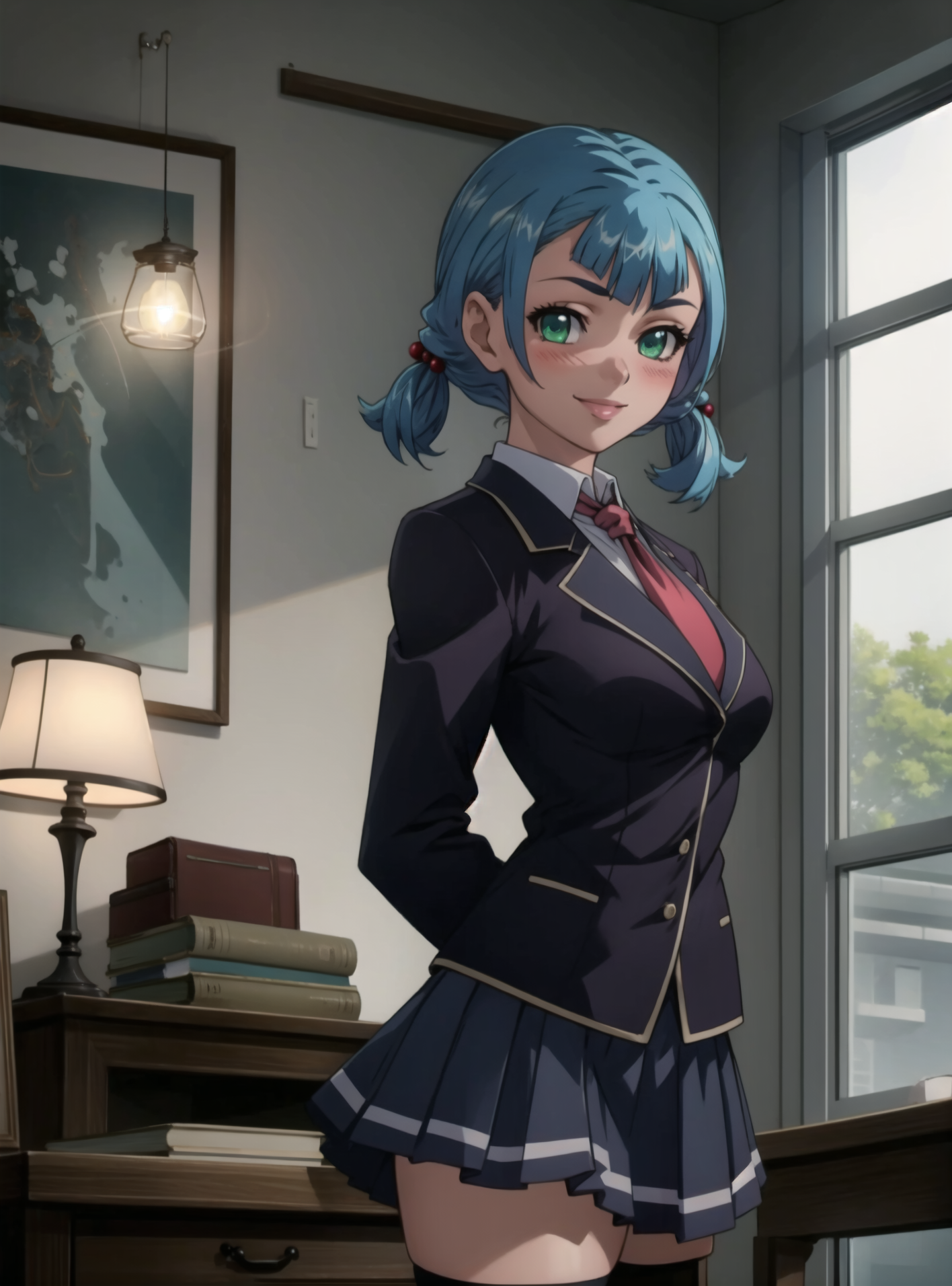masterpiece, lots of detail, 4k, 8k, ((ultra-detailed)), highres, cinematic lighting, warm lighting, official artwork, hetero, cowboy shot, indoors, <lora:Saimin_Ryoujoku_Gakuen_Arimine_Ichiru-10:0.7>, ichiruv1, 1girl, solo, female focus, short hair, blue hair, twintails, hair ornament, hair bobbles, short twintails, green eyes, looking at viewer, smile, blush, school uniform, necktie, jacket, skirt, pleated skirt, hands behind back,