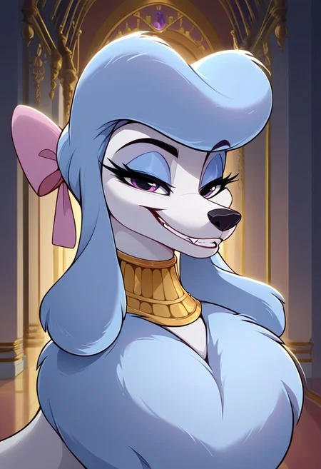 (aerozerorisk), score_9, score_8_up, score_7_up, rear view, source_furry, source_cartoon, highly detailed macro illustration, intricate details, high resolution, sharp focus, best render quality, high res, explicit, (inside mansion, hallway, marble, detailed background), solo,  BREAK 1girl, female, (georgette_oliver, feral, poodle, canine female), beautiful, beautiful detailed eyes, purple eyes, blue hair, close-up on face, bust shot, my little pony the movie, (Expressiveh, seductive look, bedroom eyes, smug, fangs, grin)
