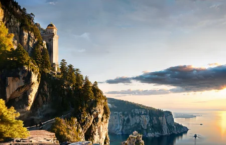 numenor ultra wide shot , (castle:1.5), (waterfall:1.3) river (stone tower:1.4) path photo realistic a distant lone figure stand silhouetted against the sky standing on a beachside peninsula top of a cliff looking out to sea (silhouette:1.3) against sunset looking out to sea sky, standing on rocks up high , side view. craggy outcrop hilltop cove <lora:epi_noiseoffset2:0.5> forest, <lora:Minas Numenor v1:1>