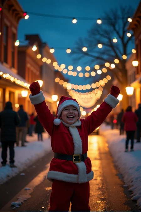 Cinematic style, <lora:Sinfully_Stylish_.02_for_FLUX:1> A small-town Christmas parade, colorful lights, festive decorations, a happy crowd cheeringâââ