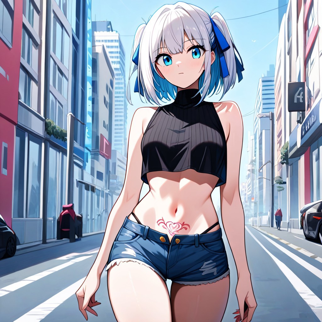 score_9, score_8_up, score_7_up, 1la, black sleeveless crop top, denim shorts, blue ribbons, womb tattoo, walking in new york, new york, broadway, source_anime, ntm,