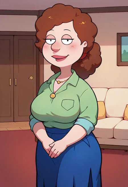 score_9,score_8_up,score_7_up,score_6_up,best quality, 1girl, solo, living room, couch, indoors,
BREAK
unnamed girl, brown hair, black eyes, big nose, (mature female:1.5), (plump:1.2), large breasts, gigantic hips, thick thighs, green sweater, rolled up sleeves, blue skirt, stockings, own hand together, blush, smile, looking at viewer, long skirt, half-closed eyes, necklace,