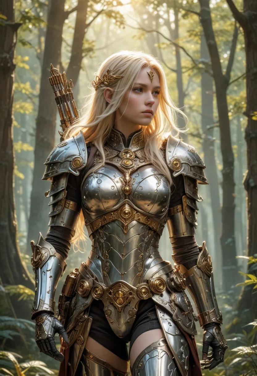 a female warrior with long, flowing blond hairs. She is adorned in intricate armor made of metallic electronic and mechanical components, with hues of gold and silver . The armor is detailed with various gears, tubes, and plates. She wields a bow in her right hand, and her left hand holds a small pistol. The backdrop is a dense forest with sunlight filtering through the trees, casting a warm glow on the scene, drawing with Moebius’s style