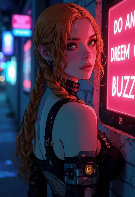 neon sign "DO ANDROIDS DREAM OF BUZZ?",
a dramatic extreme close-up of a woman's eyes, intense, looking back over her shoulder, emotional atmosphere, in the style of cksc, beautiful surprised woman, looking at viewer, (alert), (((pale skin))), orange hair, freckles, long braided hair, big green eyes, glowing green eyes, blacklight, (((skin-tight jumpsuit))), ((cybernetics)), ((fishnet clothing)), limited palette, colorful bokeh, blurred background