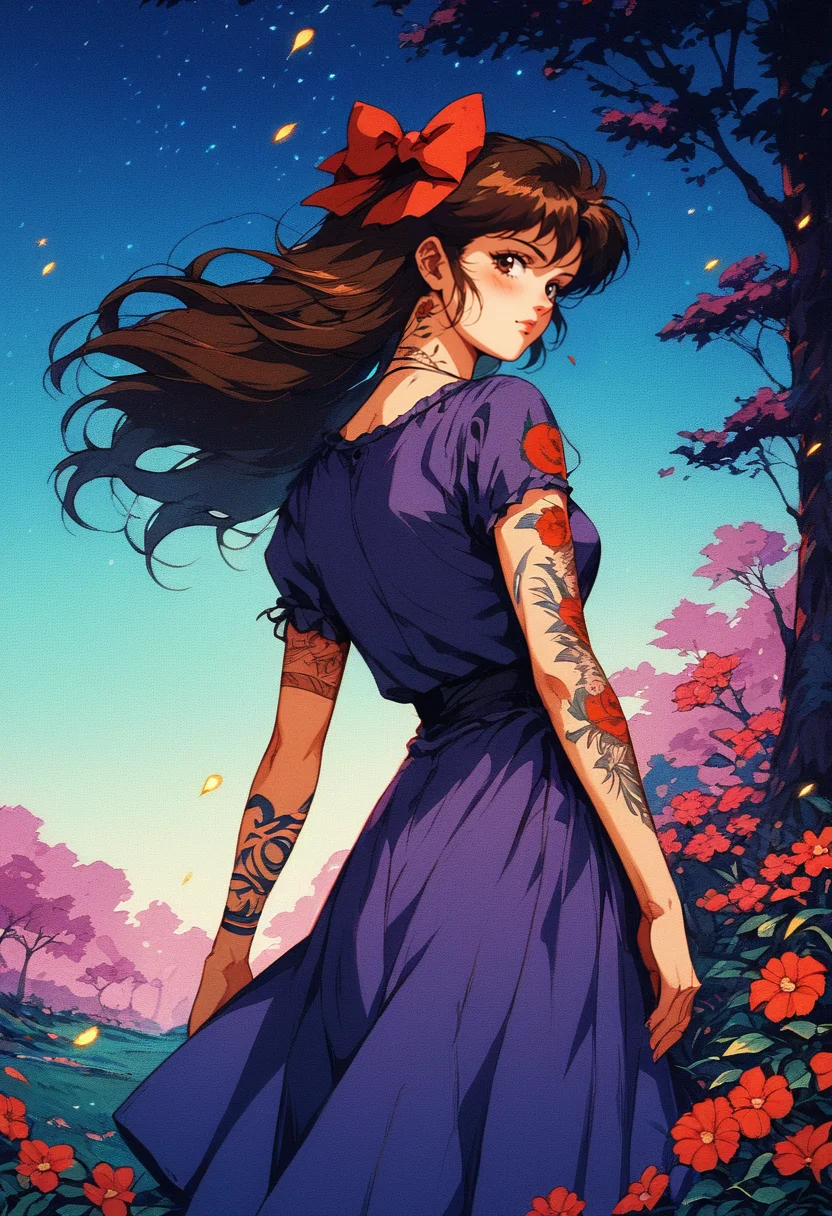 (score_9, score_8_up), score_7_up, 1girl, long hair, looking at viewer, bangs, long hair, brown hair, floating hair, hair bow, ribbon, brown eyes, standing, purple dress, flower, flowy dress, short sleeve, hair bow, cowboy shot, outdoors, sky, looking back, from behind, red bow, tree, tattoo, night, night time, embers, light partials, animal, grass, plant, red flower, nature, forest, dog, arm tattoo, retro
<lora:nostalgia-000011:0.9>