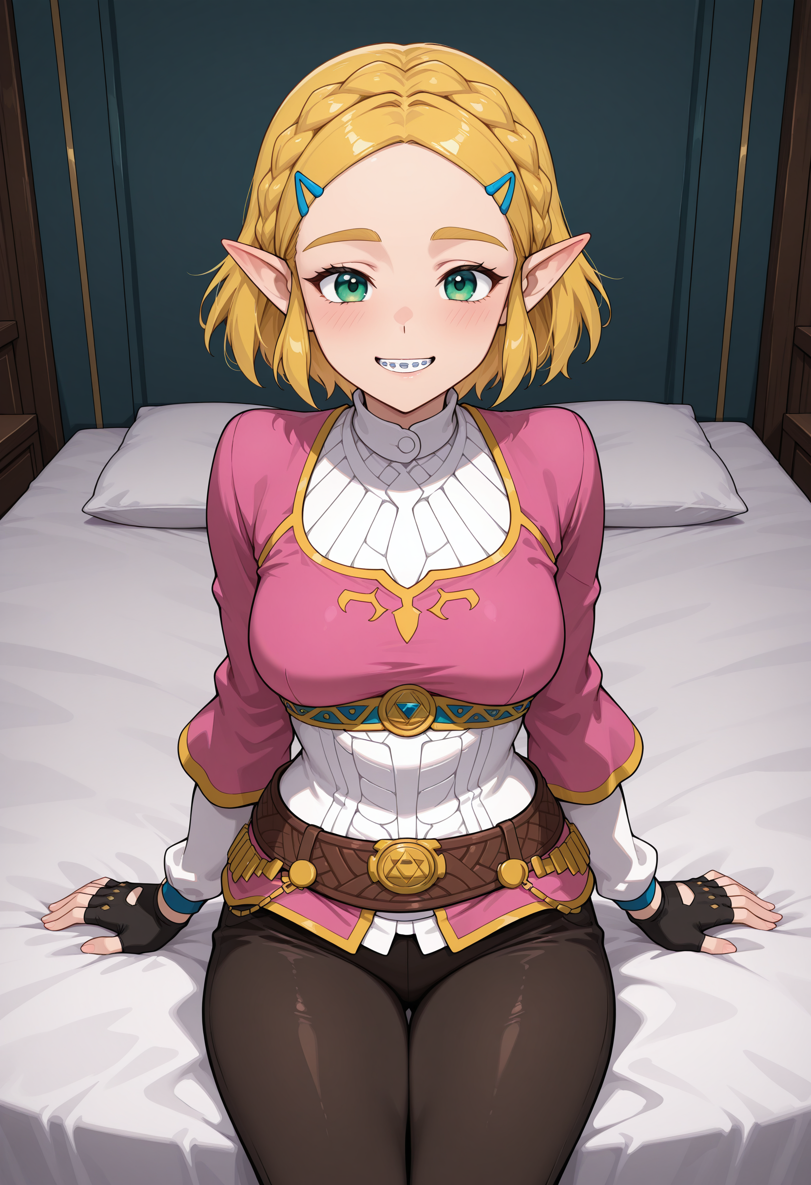 anime, masterpiece, best quality, detailed background, 8k, <lora:braces:1>, br4c3s, braces, princess zelda