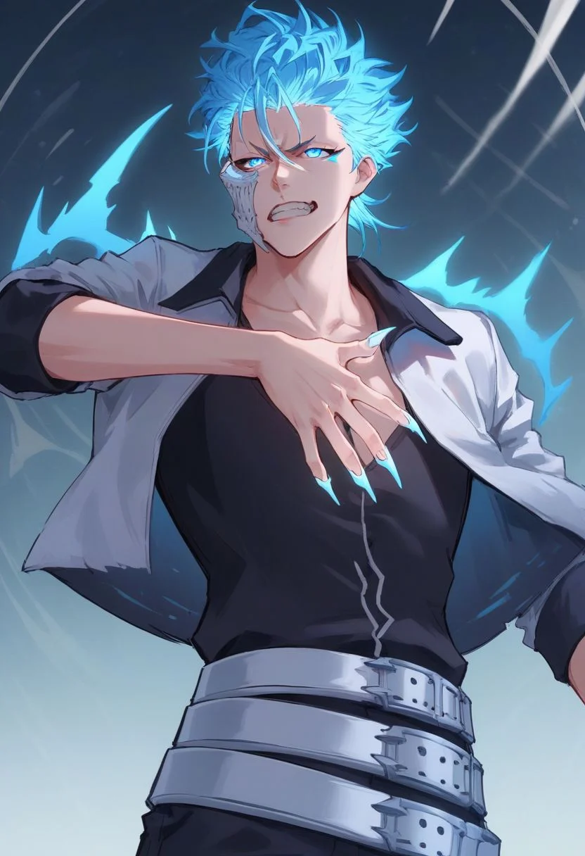 Grimmjow, blue hair, glowing eyes, blue eyes, white crop jacket, black shirt, glowing claws, black pants, white belt, score_9, score_8_up, score_7_up, source_anime, expressive face, speedlines, dynamic movements, ultra-detailed,highres,8k,perfect body,intricate details,depth of field, blue energy, lunge