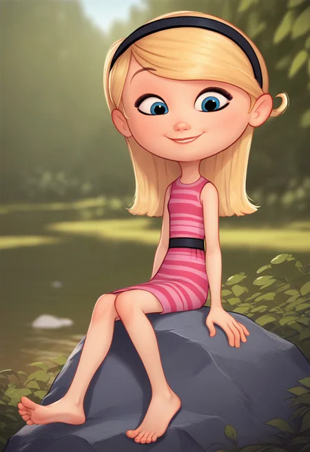 score_9_up, score_8_up, 1girl, solo, PennyPeterson, blonde hair, blue eyes, hairband, pink dress, striped dress, white shirt, sleeveless, barefeet, smiling, sitting on rock, <lora:Penny_Peterson_PXL_Leaf2:1>, outdoors, depth of field, fullbody, focus feet,