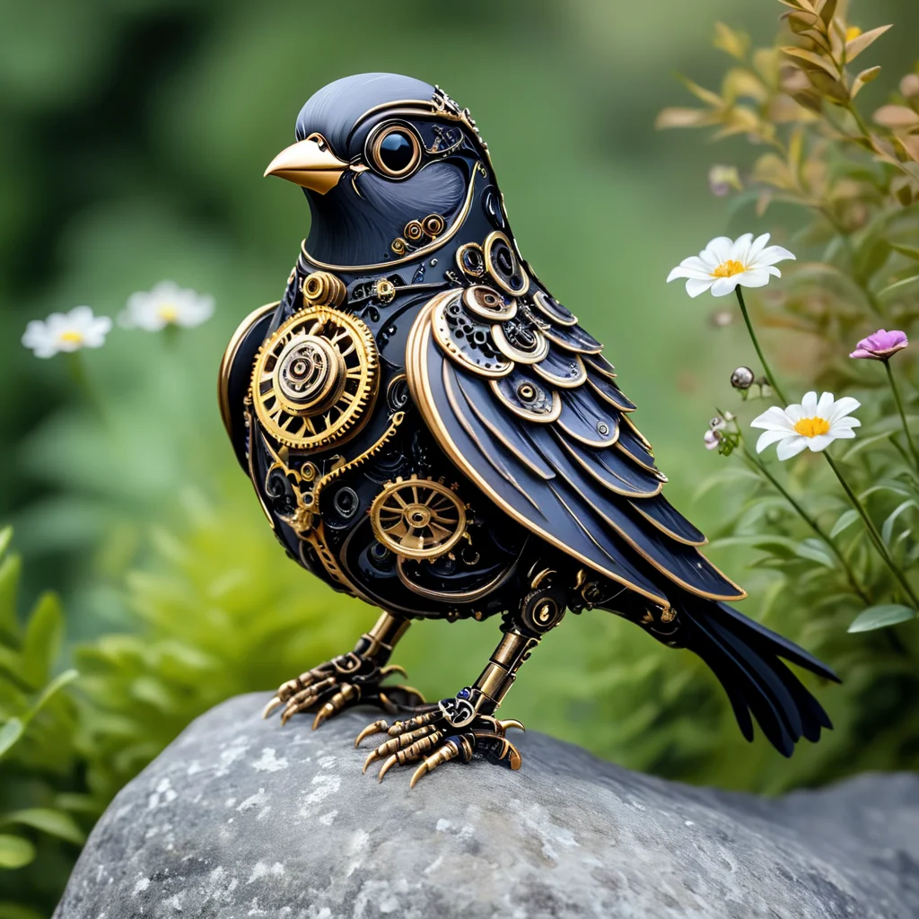 <lora:Rococo_Steampunk_SDXL:1> ArsMJStyle, Rococo Steampunk,  The image shows a black and gold bird sitting atop a rock surrounded by a few plants with flowers in the background., no humans, blurry, bird, blurry background, steampunk, wings, gears, depth of field