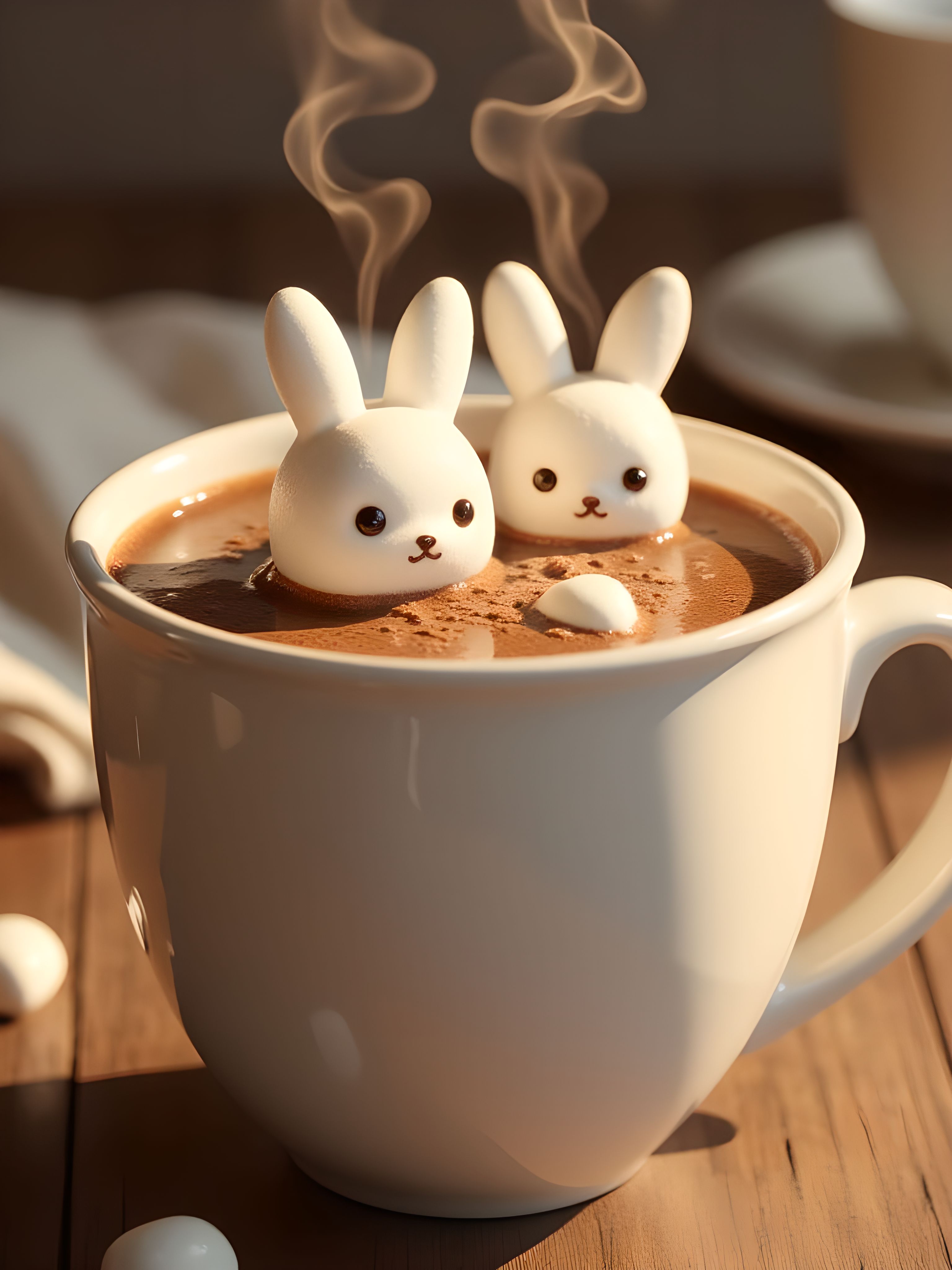 A cozy mug of hot chocolate, rich and steaming, with tiny marshmallows shaped like adorable rabbits floating on top. The marshmallow bunnies have soft, rounded features, their little ears peeking out from the chocolatey surface. Gentle wisps of steam rise from the mug, creating a warm and inviting atmosphere. The scene is set against a softly blurred background, emphasizing the delicious details of the drink. The mug itself is simple yet charming, complementing the comforting aesthetic. aidmaimageupgrader, aidmaMJ6.1m, detailmaximizer, mythp0rt, ne0nfant4sy, translucent, reedy, nistyle <lora:aidmaImageUpgrader-FLUX-V0.2:0.8> <lora:aidmaMJ6.1_aidmaMJ6.1-FLUX-v0.4:0.8> <lora:Soft_Pastels_Anime_-_FLUX:0.7>