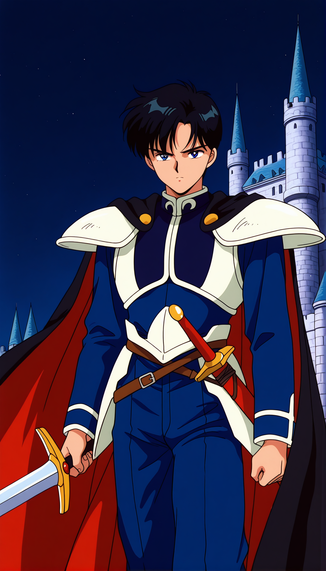 masterpiece,best quality,amazing quality,chibamamoru ill,1boy,solo,1990s \(style\),blue eyes,black hair,short hair,cape,long sleeves,blue pants,sword,weapon,armor,castle,night,serious,<lora:chibamamoru ill:0.8>,