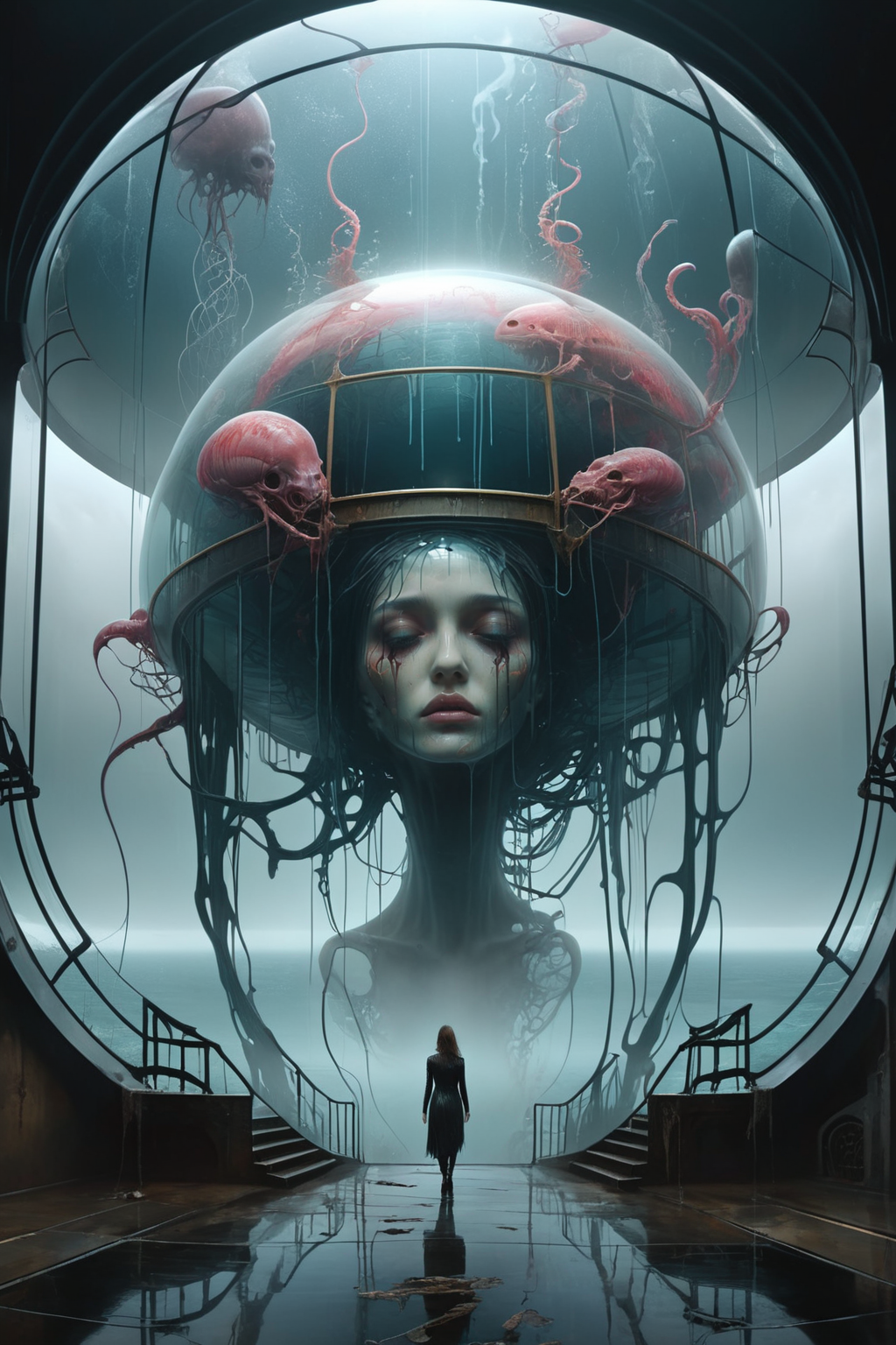 underwater glass domed walkway,foggy,ocean,beautiful,creepy,melting,webbing,8 k,by tristan eaton,stanley artgerm,tom bagshaw,greg rutkowski,carne griffiths,ayami kojima,beksinski,giger,trending on deviantart,face enhance,hyper detailed,minimalist,horror,alien,full of colour,<lora:helios666:0.8>,