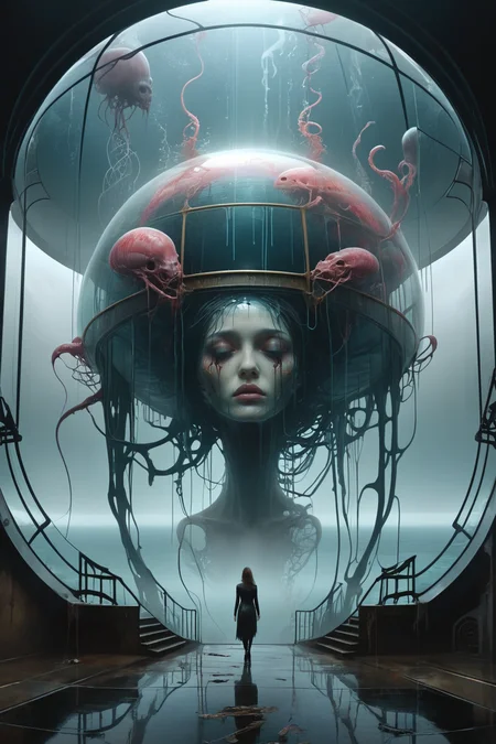 underwater glass domed walkway,foggy,ocean,beautiful,creepy,melting,webbing,8 k,by tristan eaton,stanley artgerm,tom bagshaw,greg rutkowski,carne griffiths,ayami kojima,beksinski,giger,trending on deviantart,face enhance,hyper detailed,minimalist,horror,alien,full of colour,<lora:helios666:0.8>,