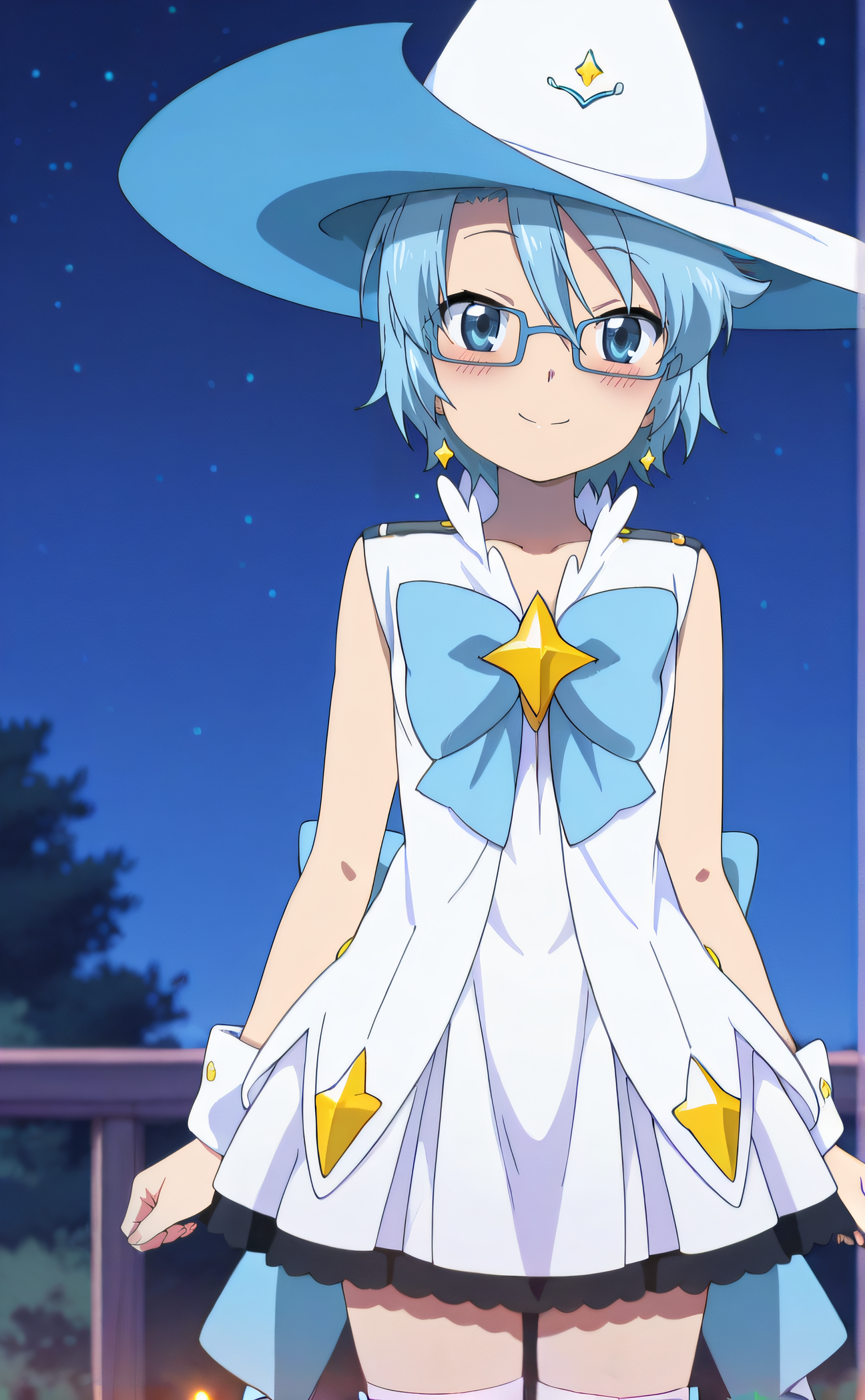 masterpiece, best quality, highres, newest, 1girl, solo, official style, anime screencap, <lora:Aoi:1>, aoi, blue hair, blue eyes, glasses, magical girl, witch hat, blue bow, white dress, white wrist cuffs, white thighhighs, looking at viewer, smile, blush, outdoor, night sky, cowboy shot