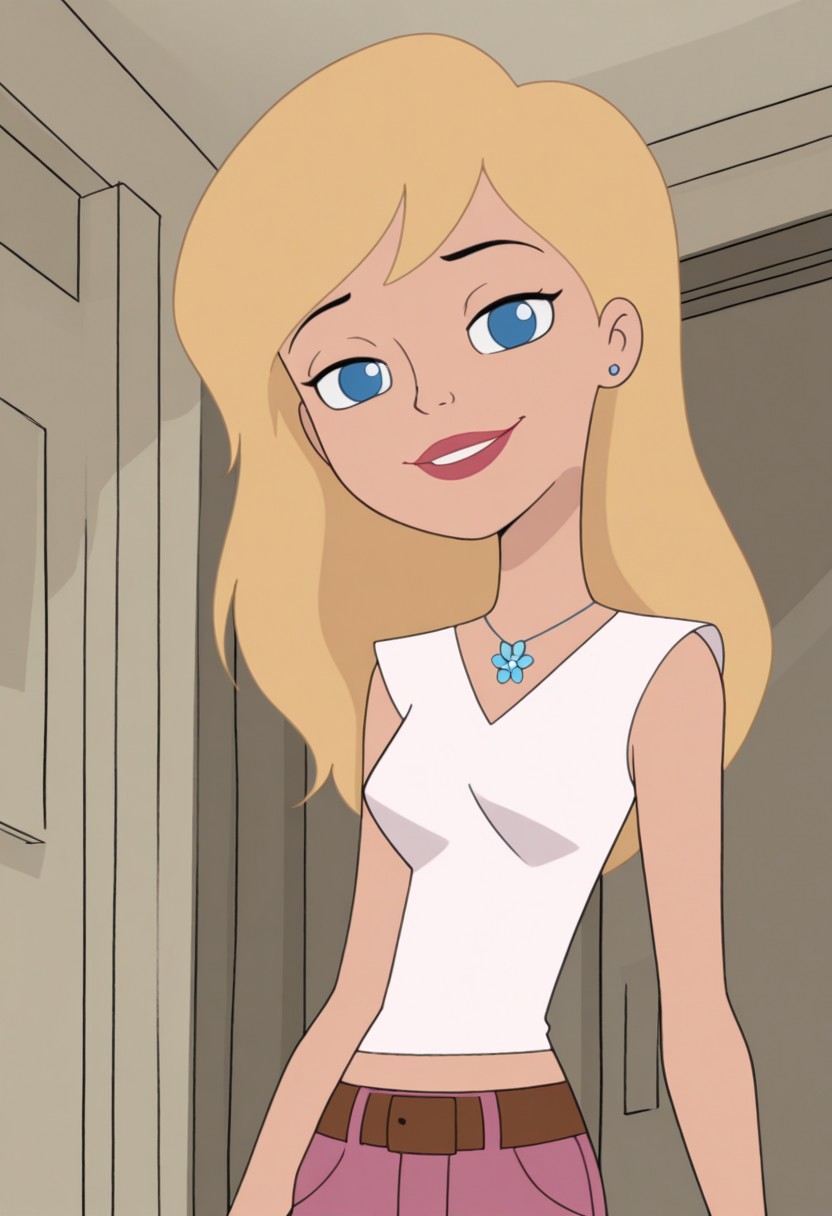 masterpiece, best quality, amazing quality, very aesthetic, absurdres, newest, 1girl, solo, indoors, RS2SDXL, Human Female, Blue Eyes, Blonde Hair, Long Hair, Lips, Red Lips, White Top, Sleeveless, Necklace, Earrings, Stud Earrings, Midriff, Belt, Pink Jeans, smile, looking at viewer, Official Art, Official Style, Screencap