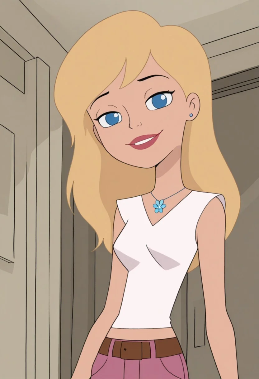 masterpiece, best quality, amazing quality, very aesthetic, absurdres, newest, 1girl, solo, indoors, RS2SDXL, Human Female, Blue Eyes, Blonde Hair, Long Hair, Lips, Red Lips, White Top, Sleeveless, Necklace, Earrings, Stud Earrings, Midriff, Belt, Pink Jeans, smile, looking at viewer, Official Art, Official Style, Screencap