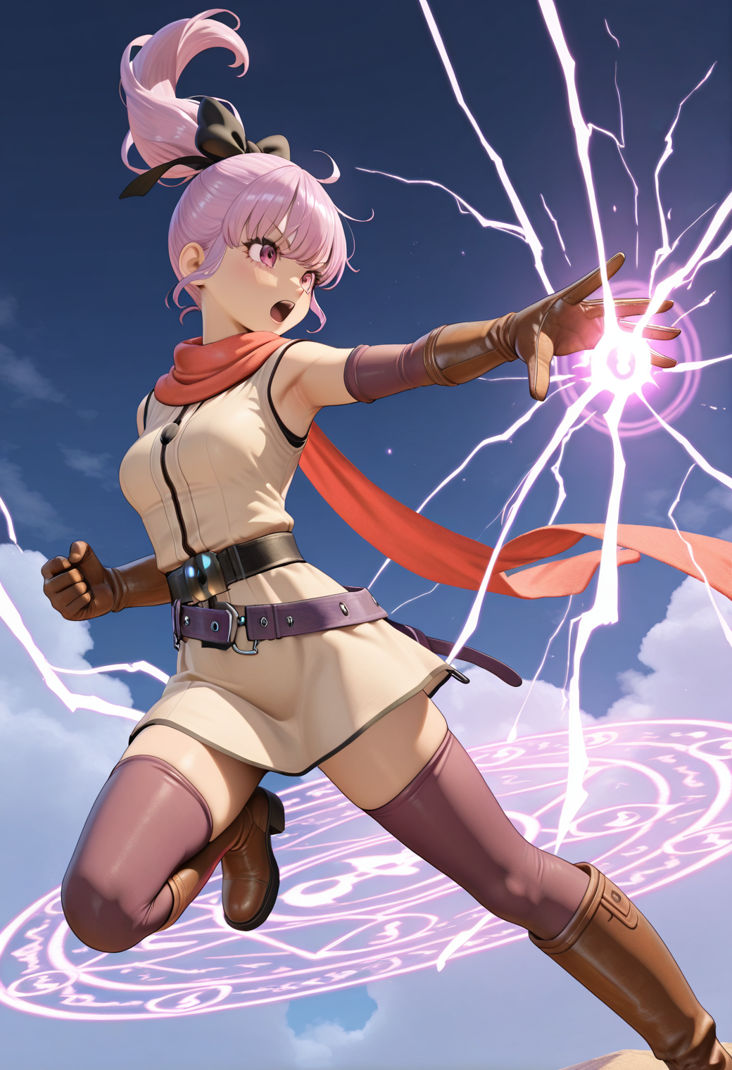 masterpiece, best quality, very aesthetic, absurdres, 1girl, solo,
<lora:dqh2_teresa_v01:0.8>, dqh2_teresa, teresa_normal, pink hair, ponytail, pink eyes,
hair bow, scarf, short dress, gloves, leather gloves, belt, thighhighs, knee boots, dynamic pose, casting spell, lightning effect, open mouth, magic circle