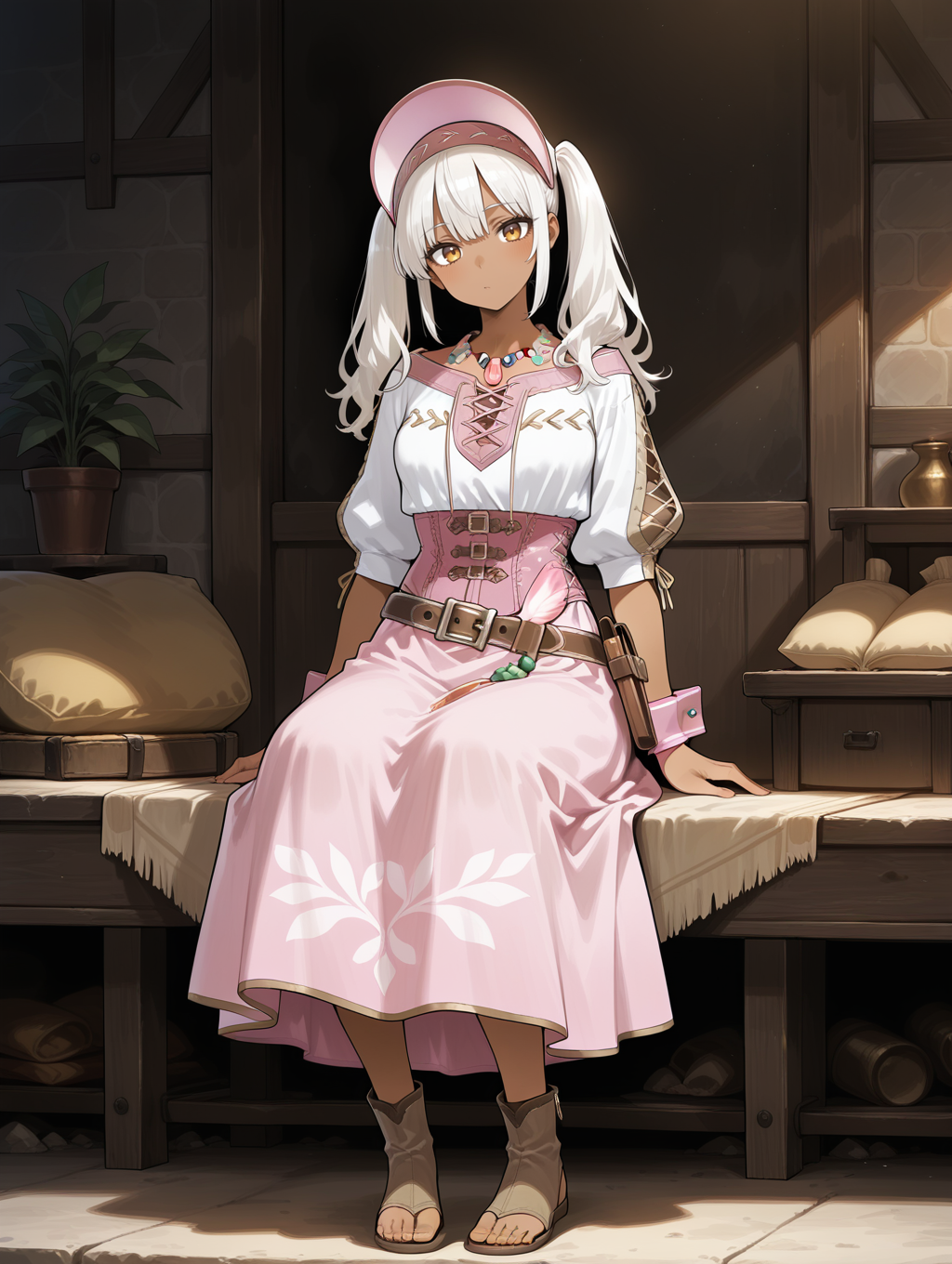 1girl,solo,dark-skinned female,full body,long hair,looking at viewer,twintails,sitting,indoors,closed mouth,pink headdress,pink necklace,pink cross-laced clothes,pink corset,pink wrist cuffs,brown belt,pink long skirt,brown toeless footwear,white hair,head tilt,
masterpiece,best quality,amazing quality,very aesthetic,absurdres,newest,<lora:Felicita & Clerk Suit Armor illuXL v1:0.7>,