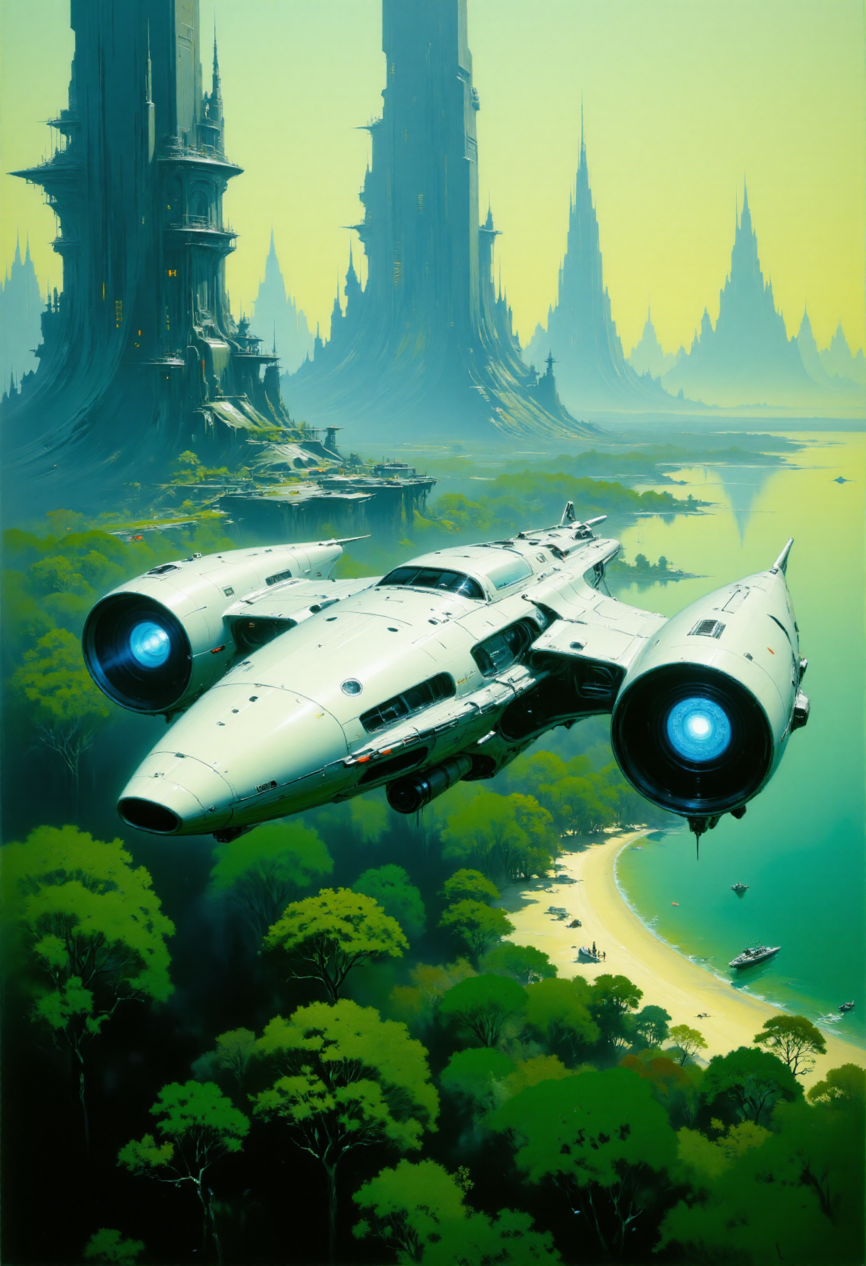 painting of a futuristic, sci-fi scene. The central subject is a sleek, white spacecraft with two large, glowing blue engines, flying low over a lush, green island landscape. The spacecraft, with a futuristic design featuring multiple panels and a cockpit, appears to be in motion, creating a slight blur around its edges. In the background, a sprawling, futuristic cityscape with towering, slender skyscrapers made of a metallic material stretches along the coast. The city's structures are intricately detailed with a mix of angular and curved designs, hinting at a blend of modern and advanced technology. The island below is densely covered in green foliage, with a sandy beach visible along the coastline. .
<lora:articolorpaint_v01_epoch_13:1>  <lora:artilands_v02-000006:0.6>