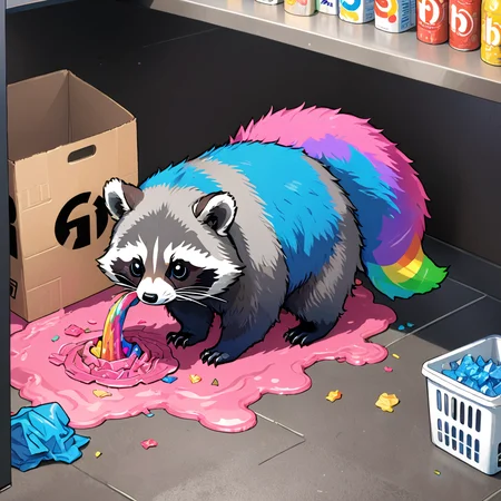 a fluffy blue and pink raccoon with (rainbow-colored tail:1.4) digging through the trash at a 7-11 convenience mart <lora:BreathingFirePony-000007:1>