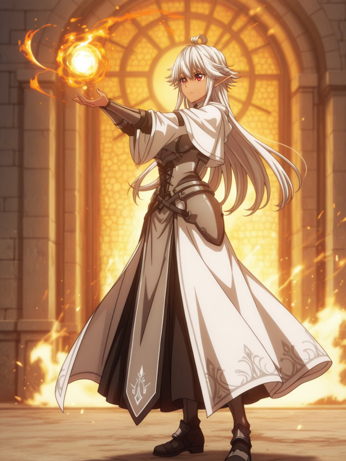 <lora:ElfIL:0.8> e_lf, 1girl, white hair, long hair, elf ears, tanned skin, red eyes, long eyelashes,
magic, magic robe, steel armor,glowing liens, fireball, action, full body, glowing background, magic background