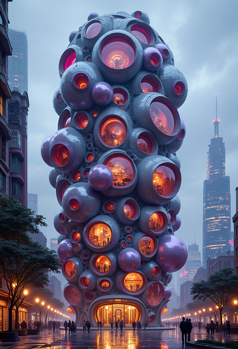 YFG-Rounded A colossal tower of orbs stacked in a spiral, each orb a different shade of metallic color, set against a neon-infused skyline reminiscent of a futuristic metropolis.