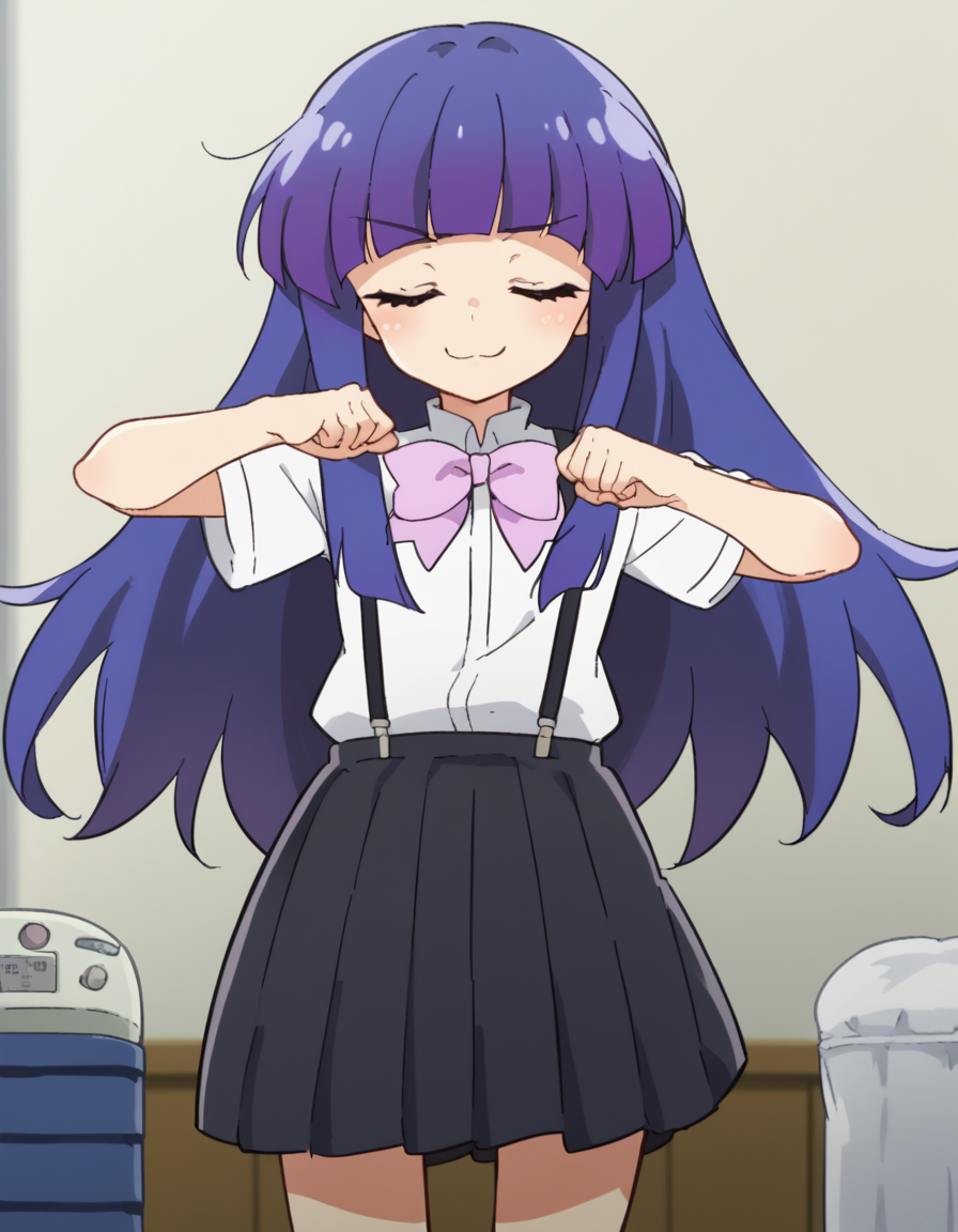 score_9, score_8_up, score_7_up, source_anime, <lora:rika-furude-s4-ponyxl-lora-nochekaiser:1>, rika furude, long hair, bangs, blue hair, purple eyes, blunt bangs, purple hair,, skirt, shirt, bow, school uniform, white shirt, short sleeves, pleated skirt, bowtie, black skirt, suspenders, pink bow, suspender skirt,, gym storeroom, equipment, supplies, cleaning, storage, smile, <lora:shikairo-days-dance-ponyxl-lora-nochekaiser:1>, shikairo days dance, shikairo days dance (meme), dancing, meme, closed eyes, clenched hands, glowsticks, blush, smile,, looking at viewer, solo,, dutch angle, cowboy shot